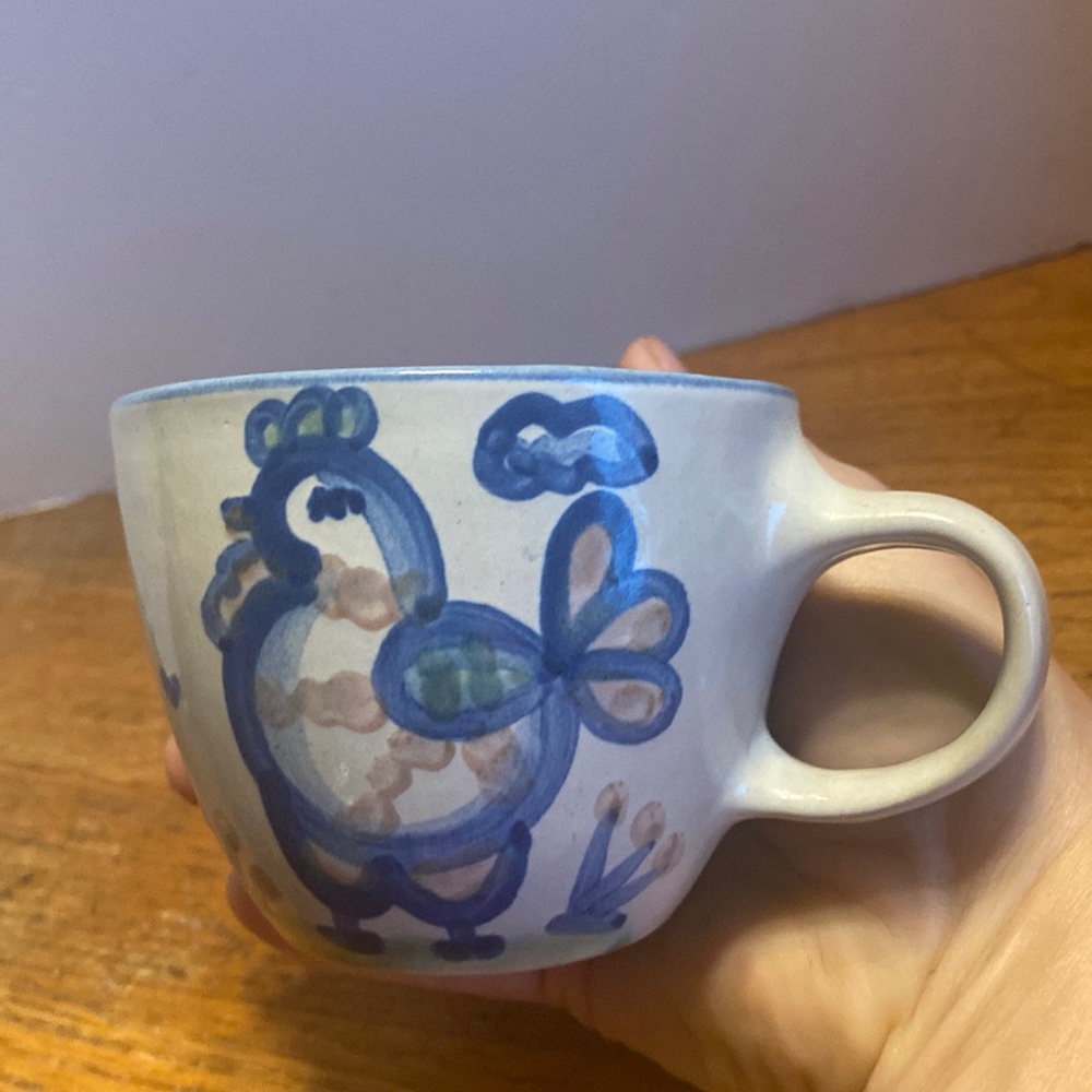 Vintage M.A. Hadley Pottery marked studio folk art chicken “The End” coffee cup